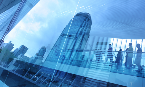 blue reflections of buildings and people